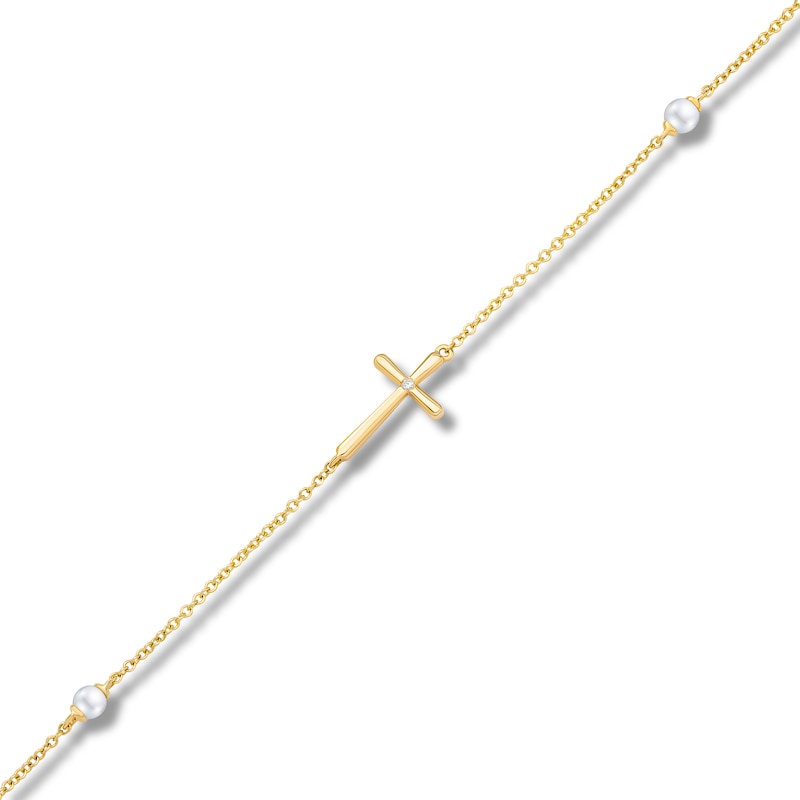 Children's Freshwater Cultured Pearl & Diamond Accent Cross Bracelet 14K Yellow Gold 5"