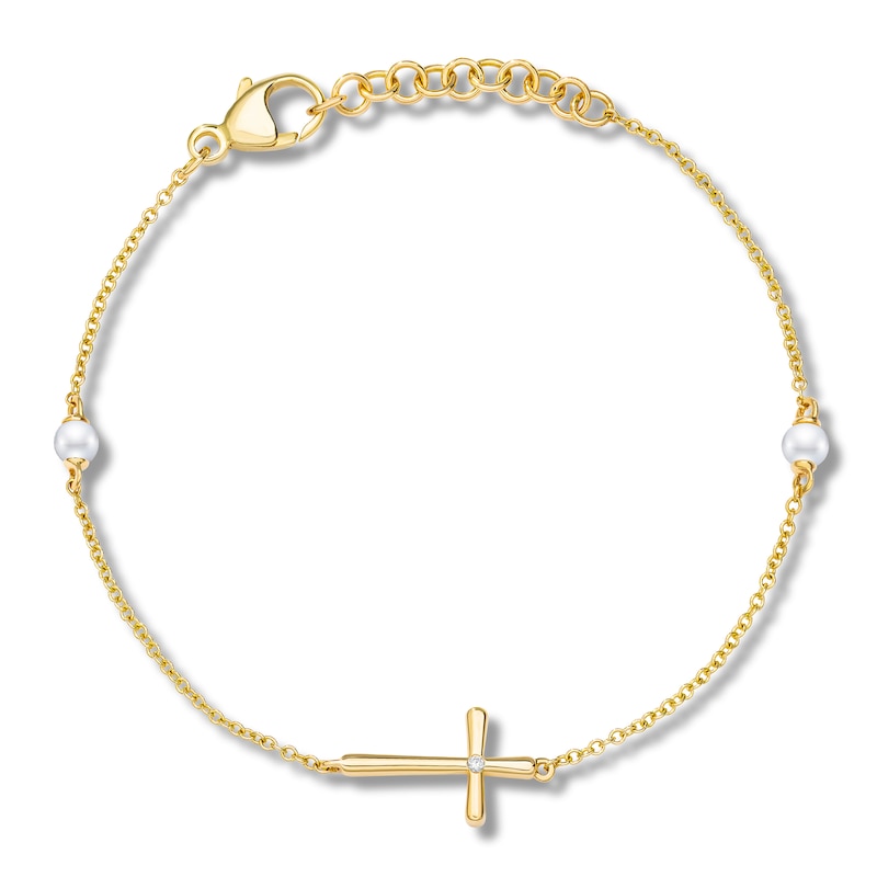 Main Image 2 of Children's Freshwater Cultured Pearl & Diamond Accent Cross Bracelet 14K Yellow Gold 6"