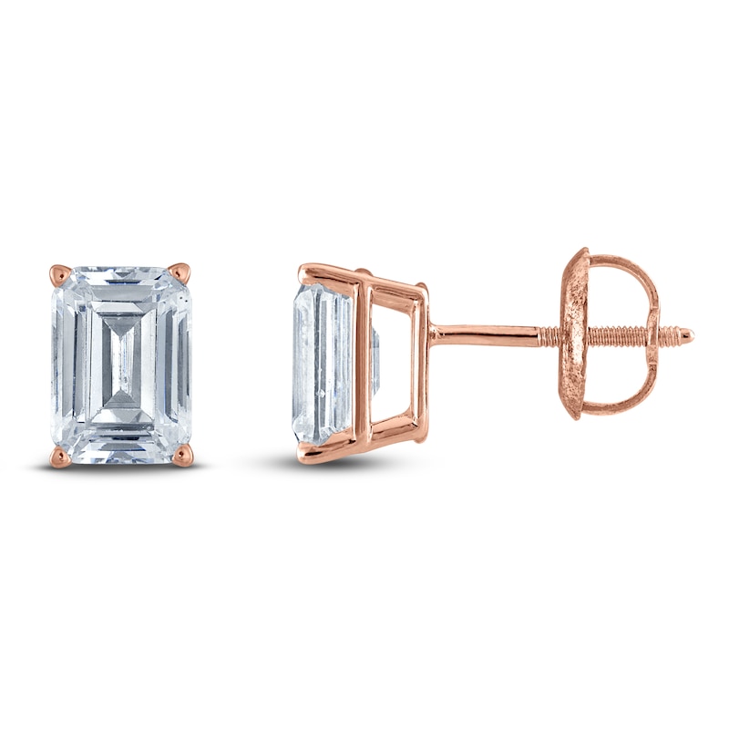 Main Image 1 of Emerald-Cut Lab-Grown Diamond Solitaire Stud Earrings 1 ct tw 14K Rose Gold (F/SI2)