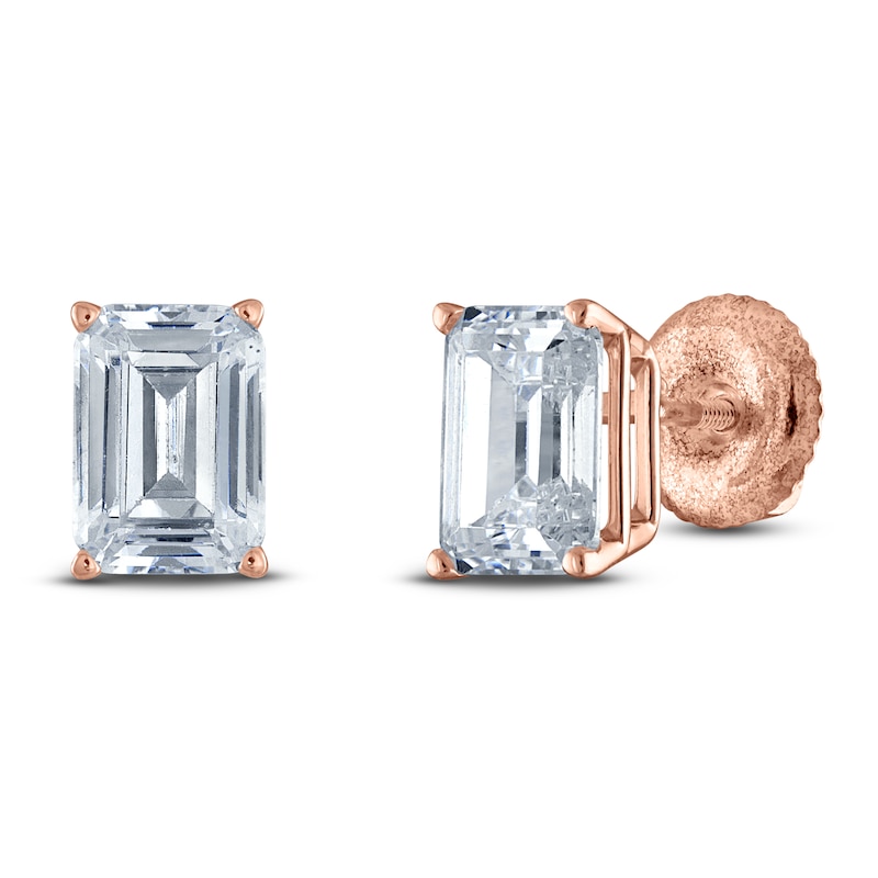 Main Image 2 of Emerald-Cut Lab-Grown Diamond Solitaire Stud Earrings 1 ct tw 14K Rose Gold (F/SI2)