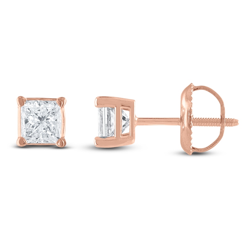 Main Image 1 of Certified Princess-Cut Diamond Solitaire Stud Earrings 1/3 ct tw 14K Rose Gold (I/I1)