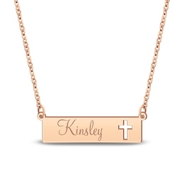 Engravable Name Bar Necklace with Cross Cutout 14K Rose Gold-Plated Sterling Silver 18"