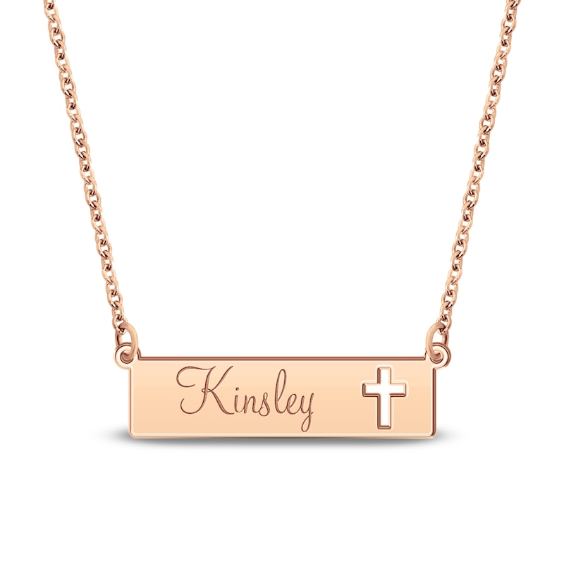 Main Image 1 of Engravable Name Bar Necklace with Cross Cutout 14K Rose Gold-Plated Sterling Silver 18"