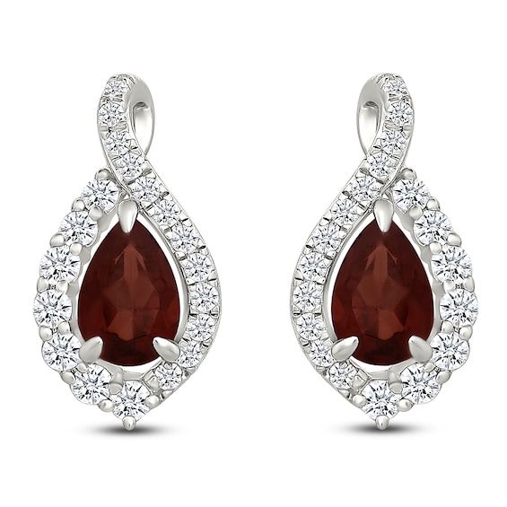 Pear-Shaped Natural Garnet & White Lab-Created Sapphire Teardrop Halo Stud Earrings Sterling Silver