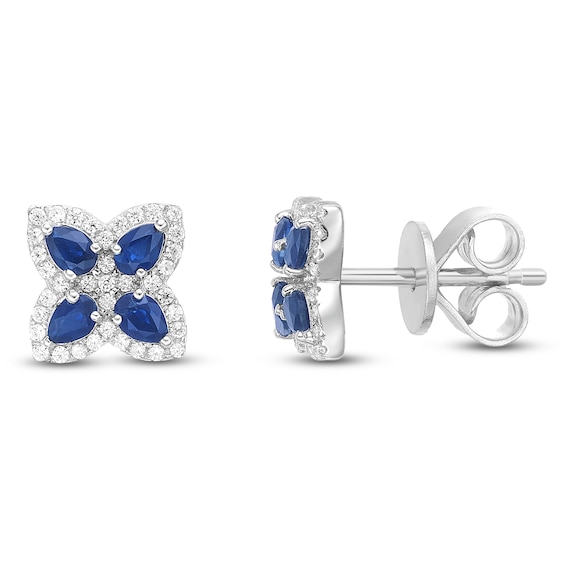 Pear-Shaped Natural Blue Sapphire & Diamond Flower Stud Earrings 1/4 ct tw 10K White Gold