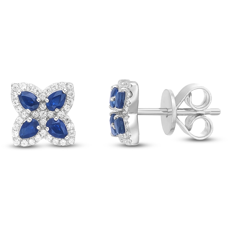 Main Image 1 of Pear-Shaped Natural Blue Sapphire & Diamond Flower Stud Earrings 1/4 ct tw 10K White Gold