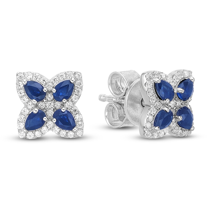 Main Image 3 of Pear-Shaped Natural Blue Sapphire & Diamond Flower Stud Earrings 1/4 ct tw 10K White Gold