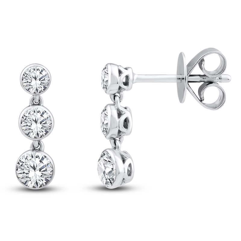 Main Image 1 of Lab-Grown Diamond Bezel-Set Three-Stone Dangle Earrings 1 ct tw 14K White Gold