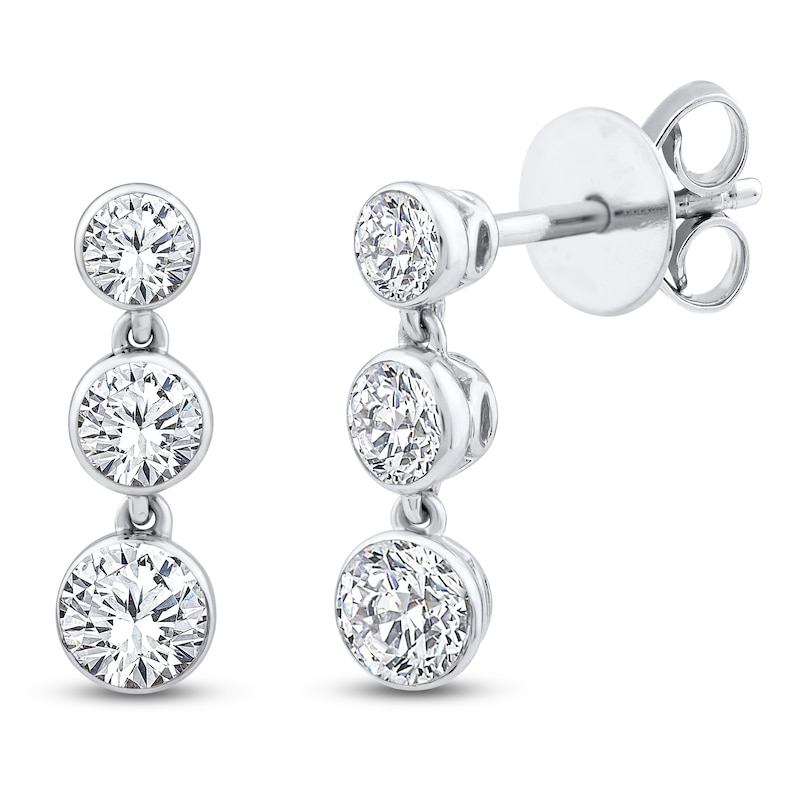 Main Image 2 of Lab-Grown Diamond Bezel-Set Three-Stone Dangle Earrings 1 ct tw 14K White Gold
