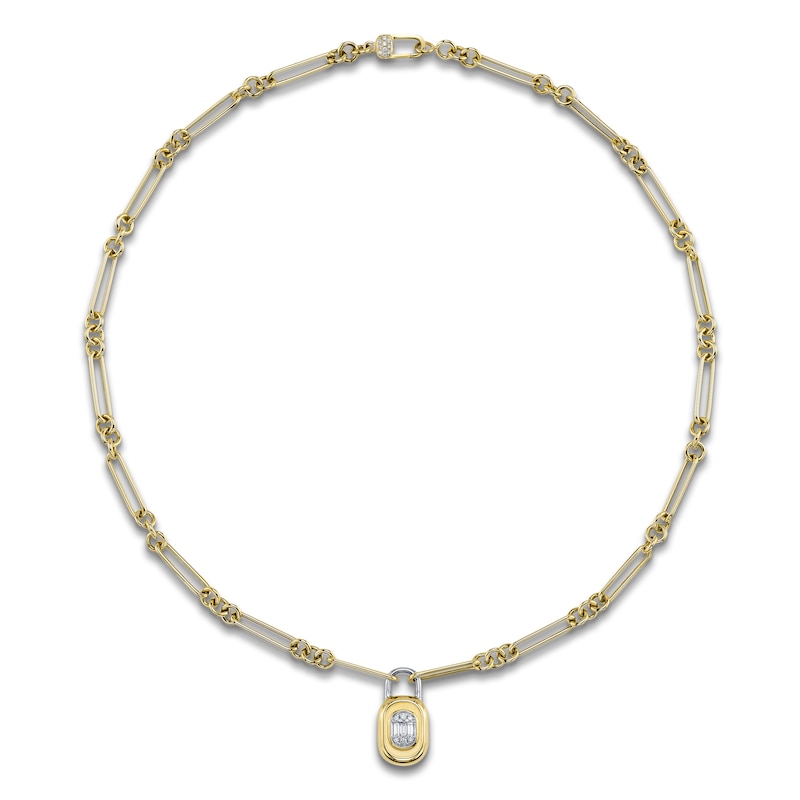 Main Image 1 of Shy ICON Lumeria Baguette & Round-Cut Multi-Diamond Lock Necklace 1/5 ct tw 14K Two-Tone Gold 18"
