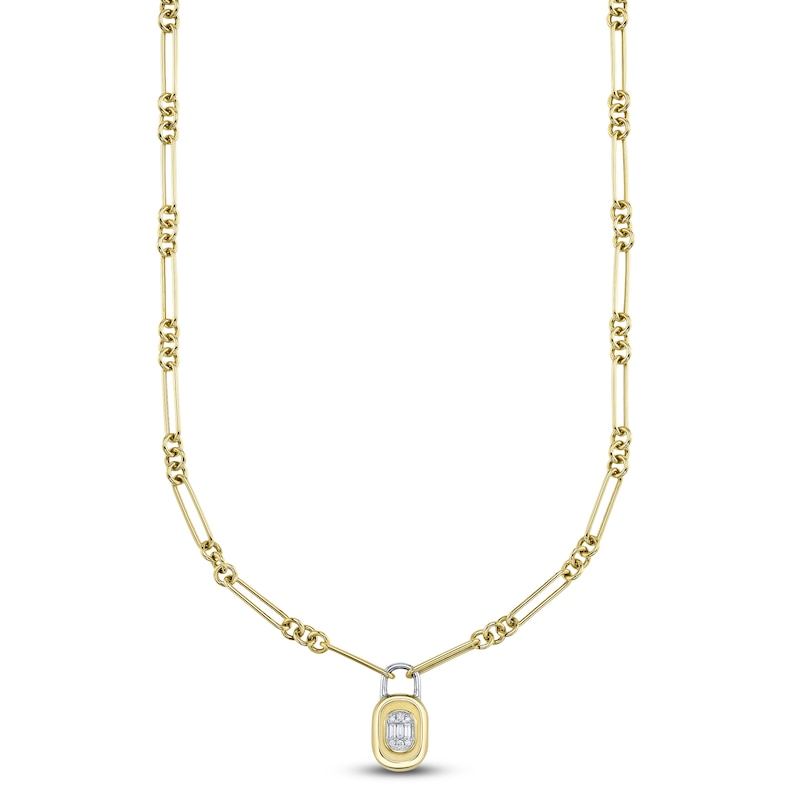 Main Image 2 of Shy ICON Lumeria Baguette & Round-Cut Multi-Diamond Lock Necklace 1/5 ct tw 14K Two-Tone Gold 18"
