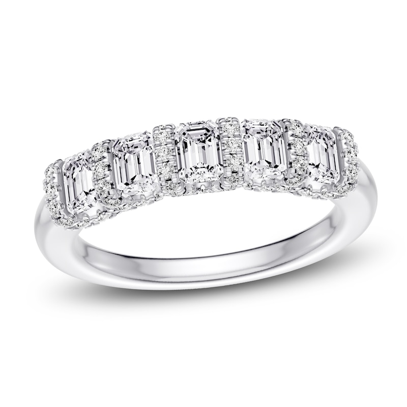 Main Image 1 of Certified Emerald & Round-Cut Diamond Scalloped-Edge Anniversary Ring 1 ct tw 14K White Gold