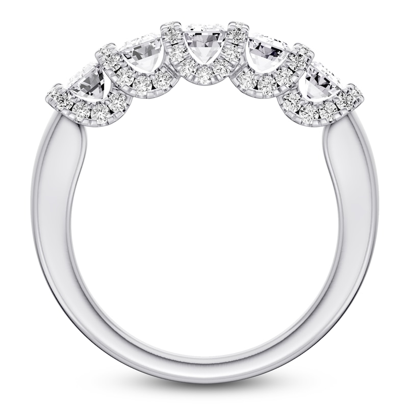 Main Image 2 of Certified Emerald & Round-Cut Diamond Scalloped-Edge Anniversary Ring 1 ct tw 14K White Gold