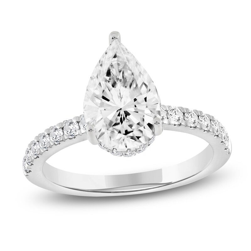 Main Image 1 of Pear-Shaped Lab-Grown Diamond Hidden Halo Engagement Ring 2-1/2 ct tw 14K White Gold