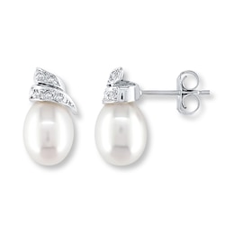 Cultured Pearl Earrings Diamond Accents 14K White Gold