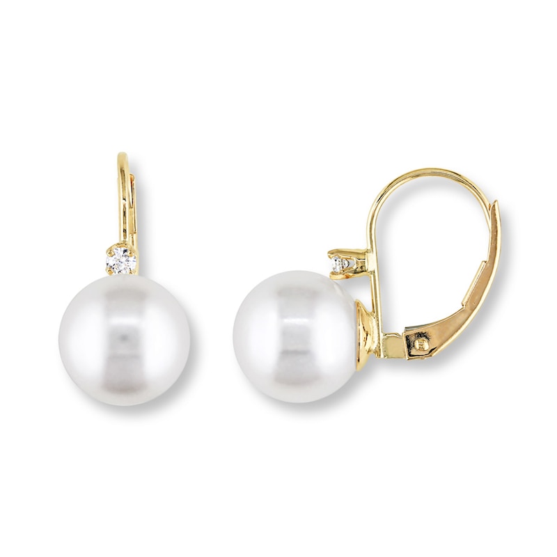 Main Image 1 of Cultured Pearl Earrings 1/10 ct tw Diamonds 14K Yellow Gold