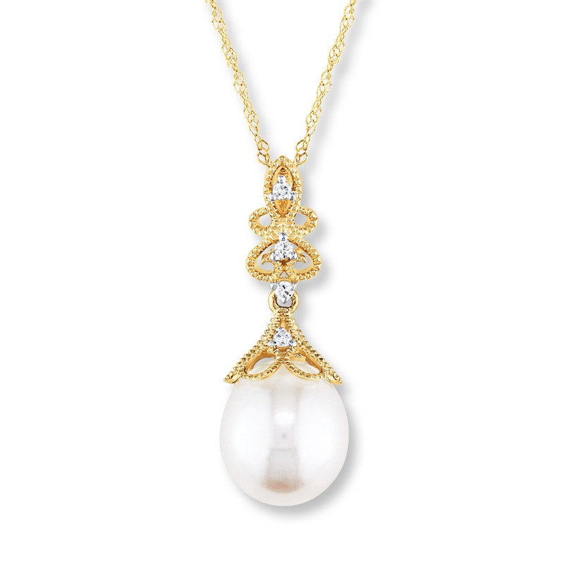 Main Image 1 of Cultured Pearl Necklace 1/20 ct tw Diamonds 14K Yellow Gold