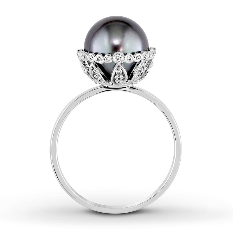 Black Cultured Pearl Ring 1/4 ct tw Diamonds 14K White Gold