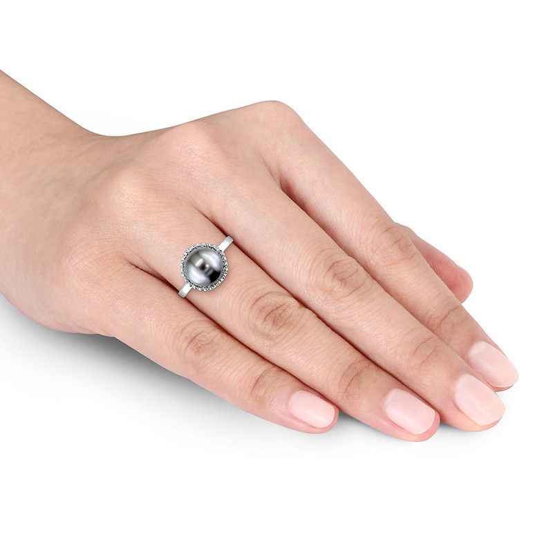 Main Image 4 of Tahitian Cultured Pearl Ring 1/4 ct tw Diamonds 14K White Gold