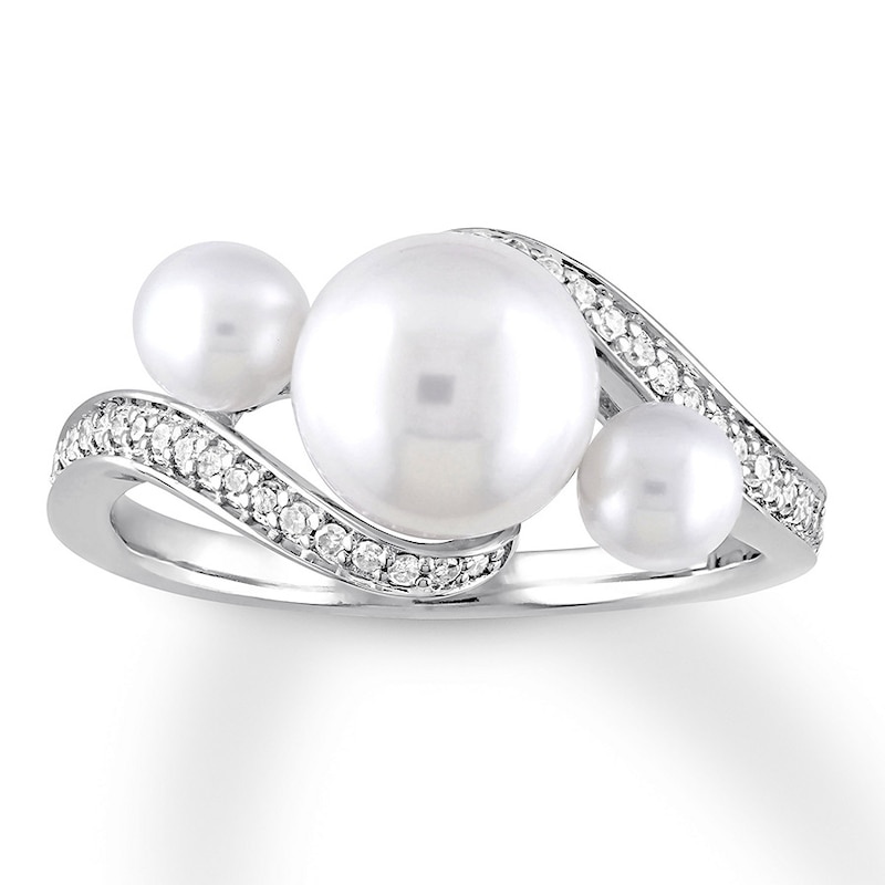 Cultured Pearl Ring 1/6 ct tw Diamonds 10K White Gold