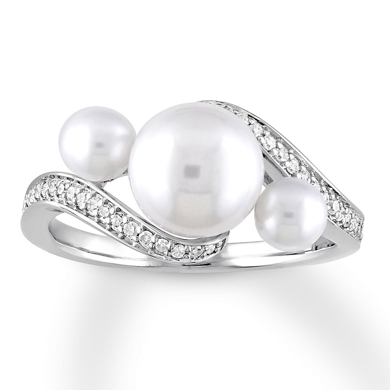 Main Image 1 of Cultured Pearl Ring 1/6 ct tw Diamonds 10K White Gold