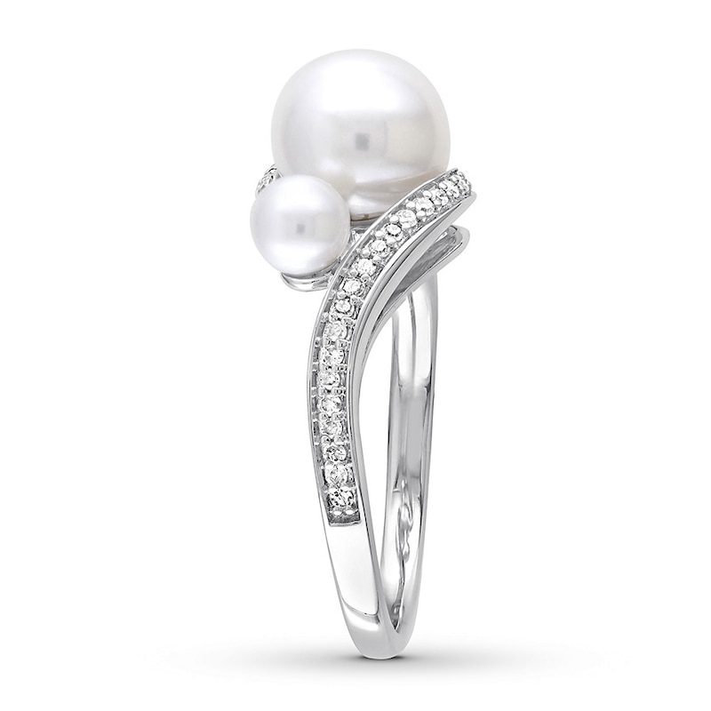 Cultured Pearl Ring 1/6 ct tw Diamonds 10K White Gold