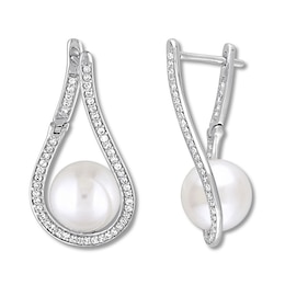 Cultured Pearl Earrings 1/3 ct tw Diamonds 14K White Gold