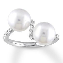 Cultured Pearl Ring 1/5 ct tw Diamonds 10K White Gold