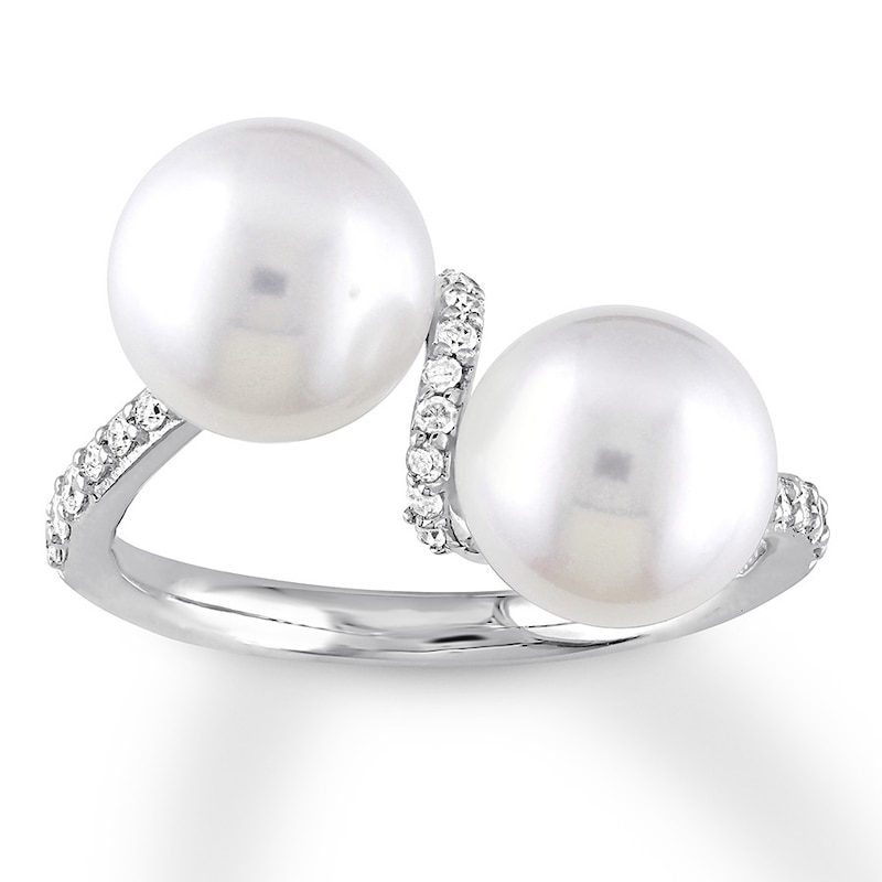 Cultured Pearl Ring 1/5 ct tw Diamonds 10K White Gold