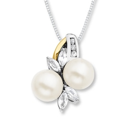 Cultured Pearl Necklace Lab-Created Sapphires Sterling Silver/10K Yellow Gold