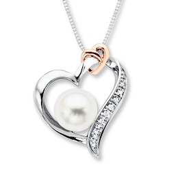Heart Necklace Cultured Pearl 1/20ct tw Diamonds Sterling Silver/10K Rose Gold