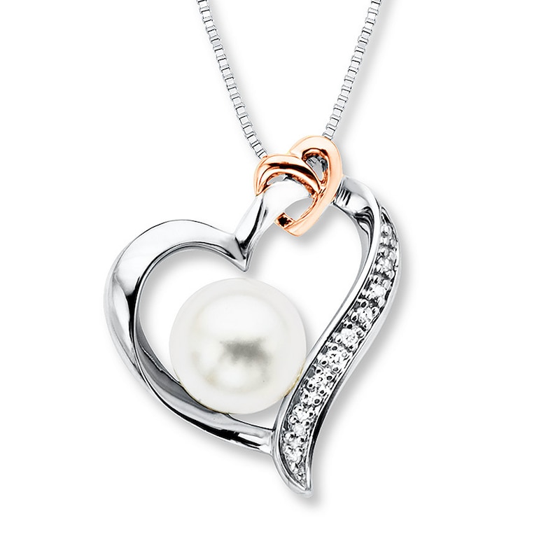 Main Image 1 of Heart Necklace Cultured Pearl 1/20ct tw Diamonds Sterling Silver/10K Rose Gold