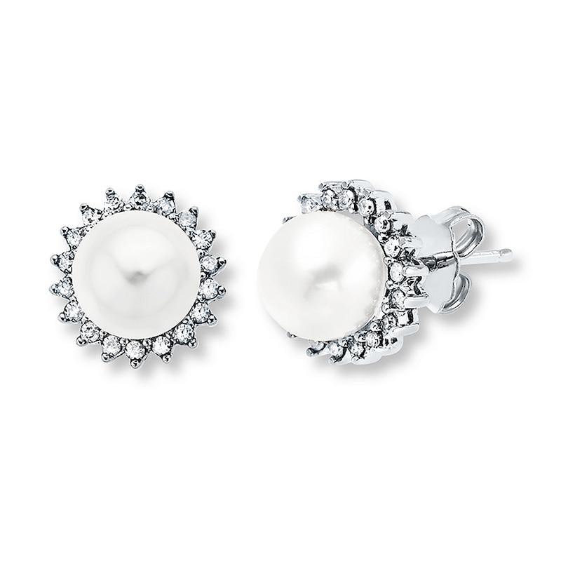 Main Image 1 of Cultured Pearl Earrings 1/4 ct tw Diamonds Sterling Silver