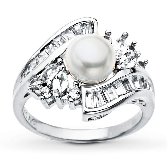 Jared Cultured Pearl Ring Lab-Created Sapphires Sterling Silver