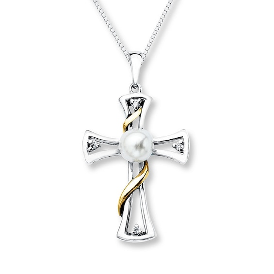 Cross Necklace Cultured Pearl Sterling Silver/10K Yellow Gold