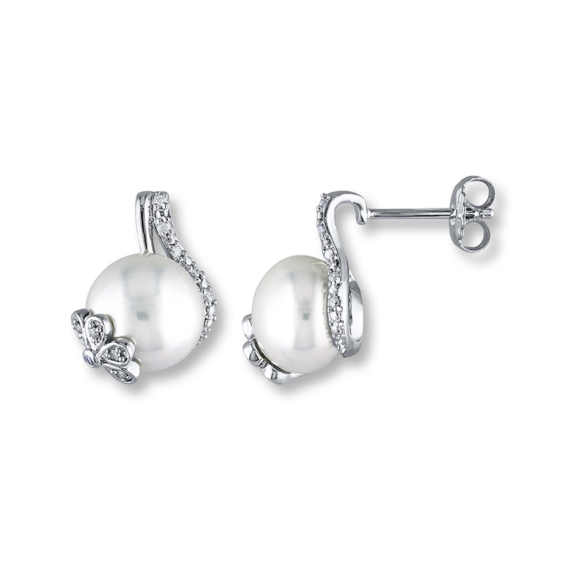 Main Image 1 of Cultured Pearl Earrings 1/10 ct tw Diamonds Sterling Silver