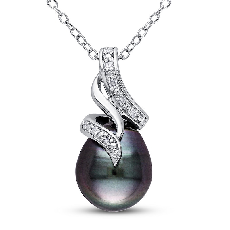 Main Image 1 of Tahitian Cultured Pearl Necklace Diamond Accent Sterling Silver
