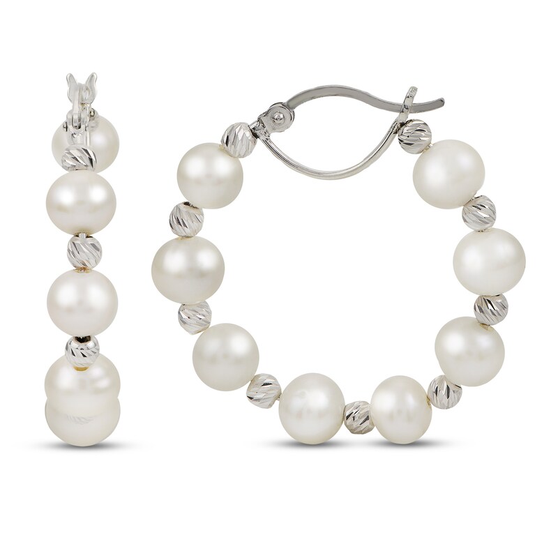 Main Image 1 of Cultured Pearl Beaded Hoop Earrings Sterling Silver