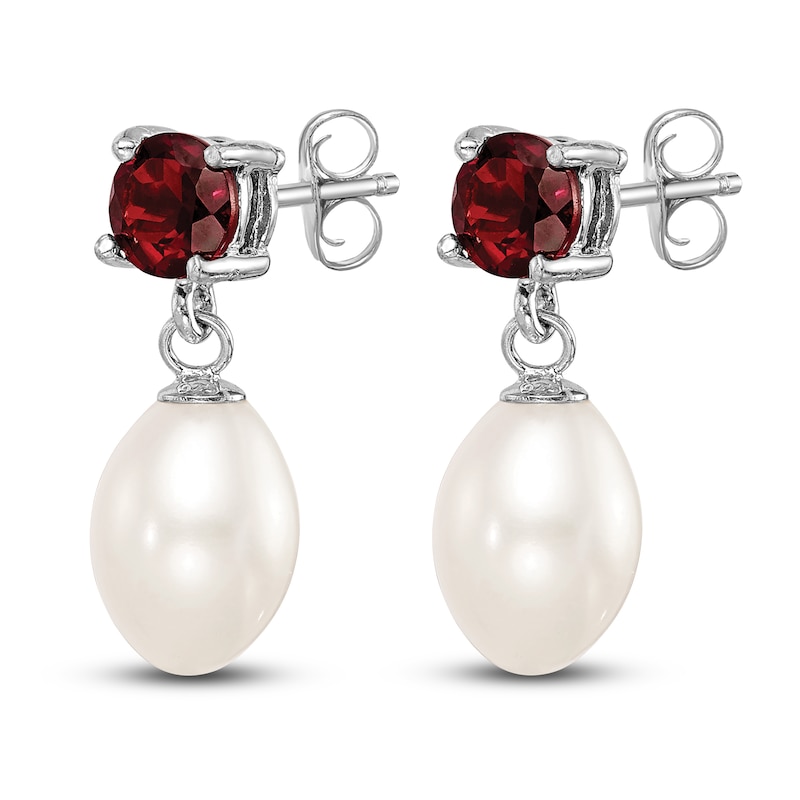 Main Image 1 of Freshwater Cultured Pearl & Natural Garnet Dangle Earrings Sterling Silver