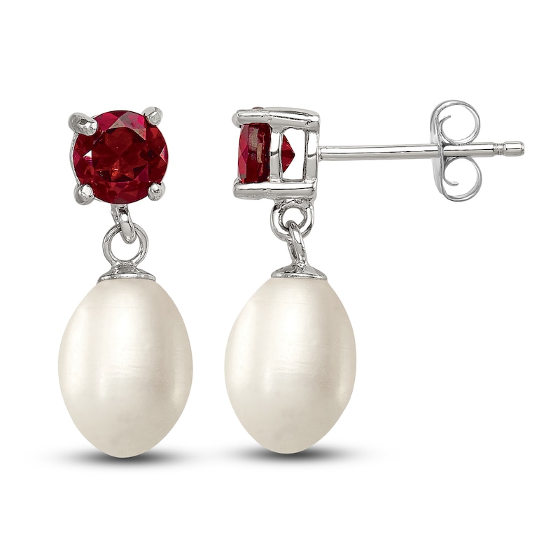 Main Image 2 of Freshwater Cultured Pearl & Natural Garnet Dangle Earrings Sterling Silver