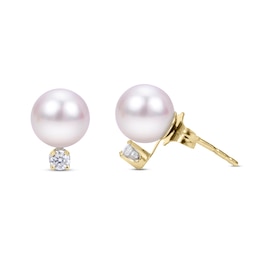 Akoya Cultured Pearl Stud Earrings 1/10 ct tw Diamonds Round 14K Yellow Gold