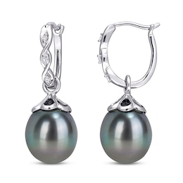 Tahitian Cultured Pearl Dangle Earrings Diamond Accents 10K White Gold