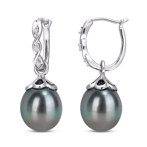 Tahitian Cultured Pearl Dangle Earrings Diamond Accents 10K White Gold