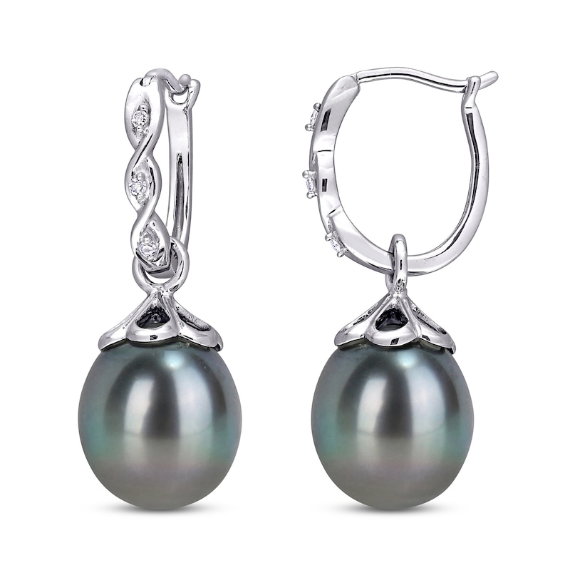 Tahitian Cultured Pearl Dangle Earrings Diamond Accents 10K White Gold