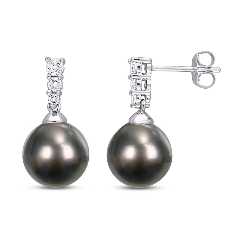 Main Image 1 of Tahitian Cultured Pearl Earrings 1/4 ct tw Diamonds 10K White Gold