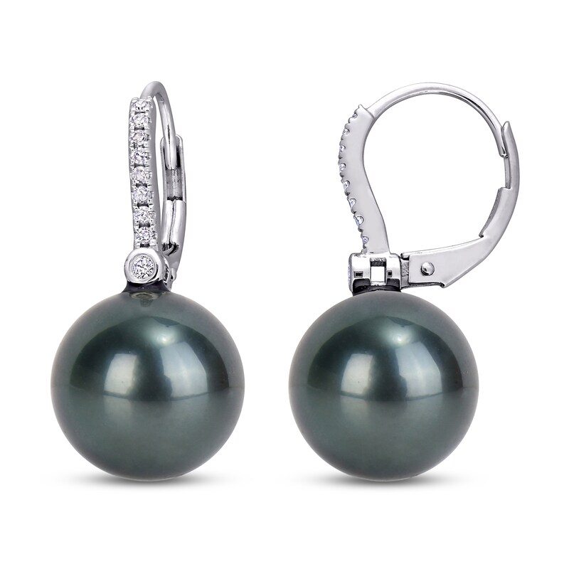 Main Image 1 of Tahitian Cultured Pearl Earrings 1/8 ct tw Diamonds 10K White Gold