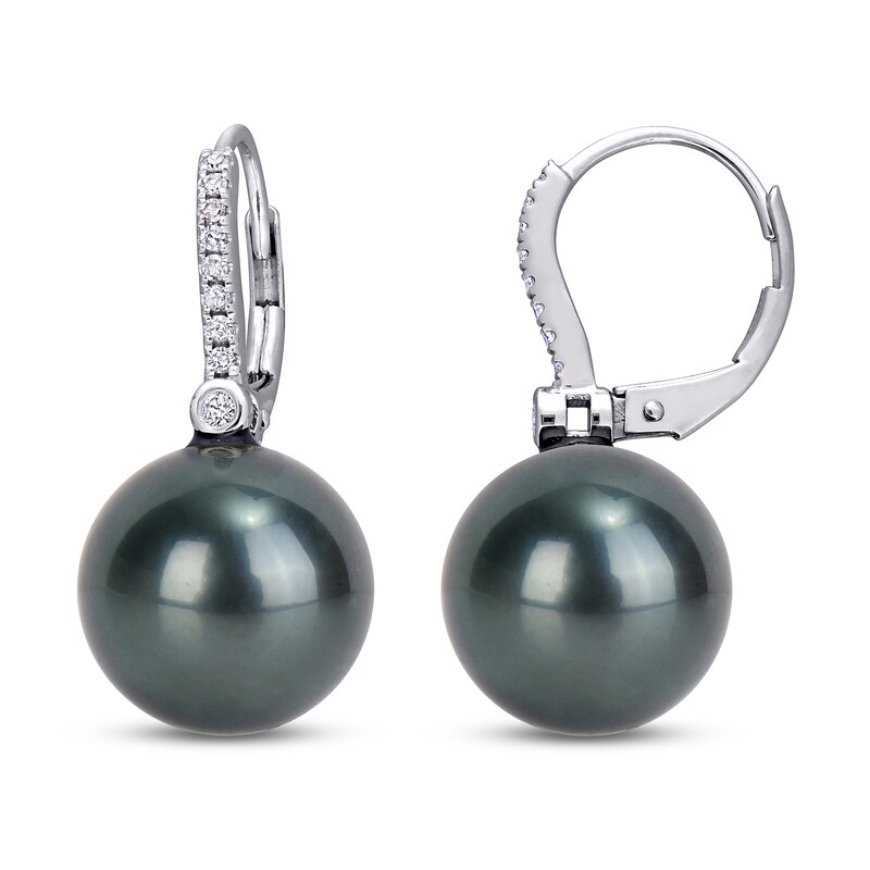 Tahitian Cultured Pearl Earrings 1/8 ct tw Diamonds 10K White Gold