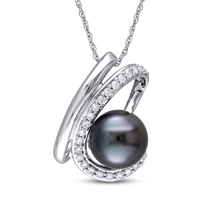 Main Image 1 of Tahitian Cultured Pearl Necklace 1/4 ct tw Diamonds 10K White Gold