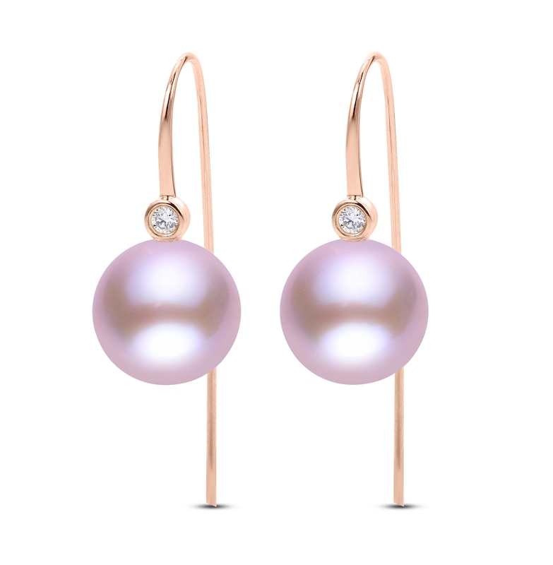 Pink Cultured Freshwater Pearl Threader Earrings 1/15 ct tw Diamonds 14K Rose Gold