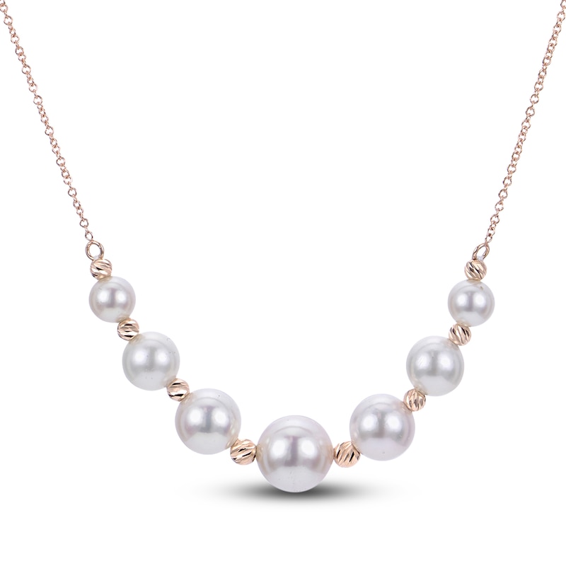 Main Image 1 of Diamond-Cut Akoya Cultured Pearl Necklace 14K Yellow Gold